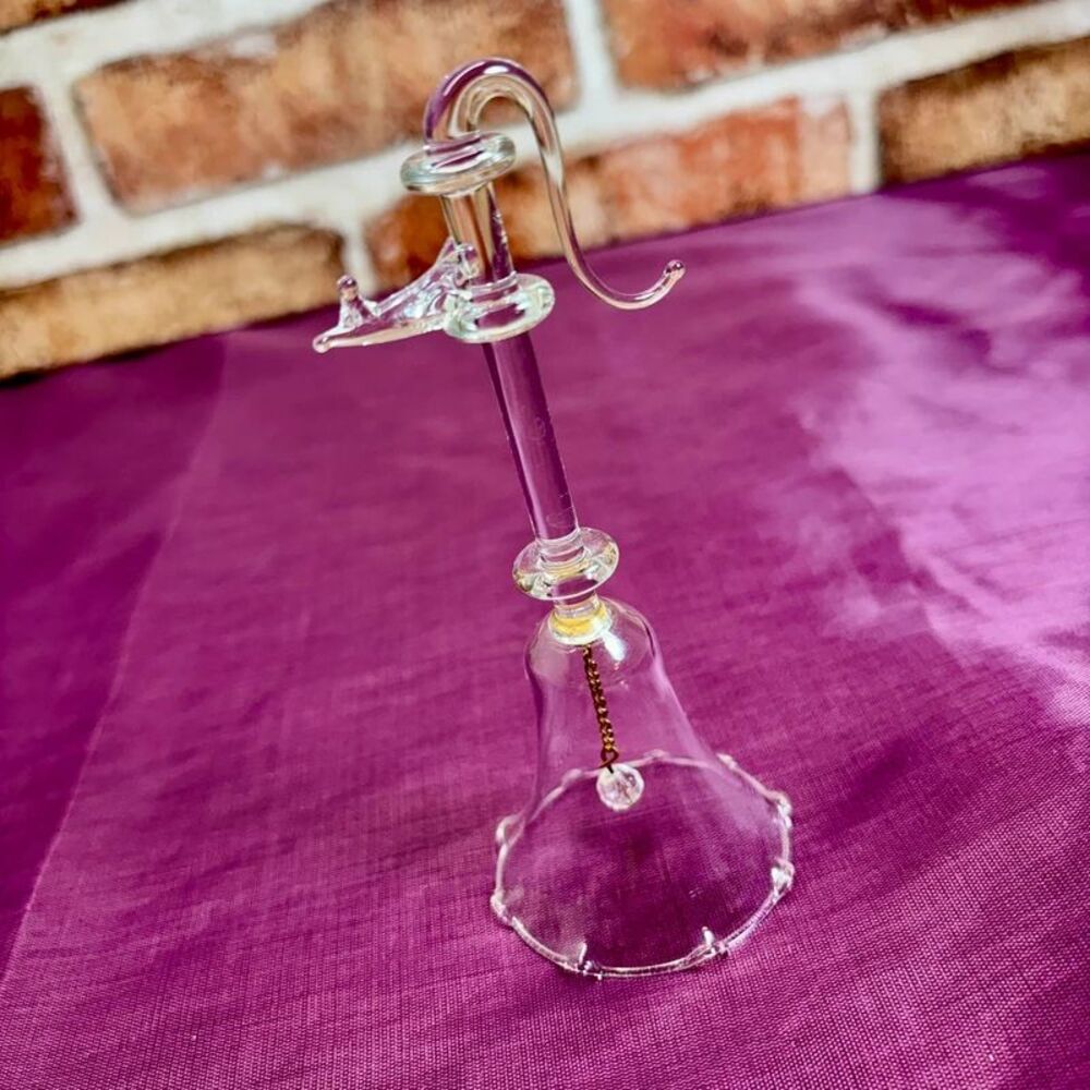 VTG Dainty Cute Scalloped Glass Bell w/ Gold & Clear Clapper